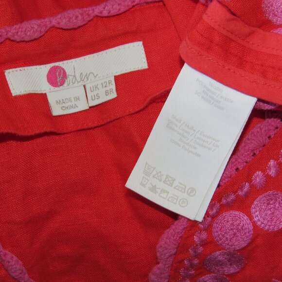 Boden 100% Linen Red Orange Pink Embroidered Shift Dress 8 Short Sleeve V Neck - Picture 3 of 4